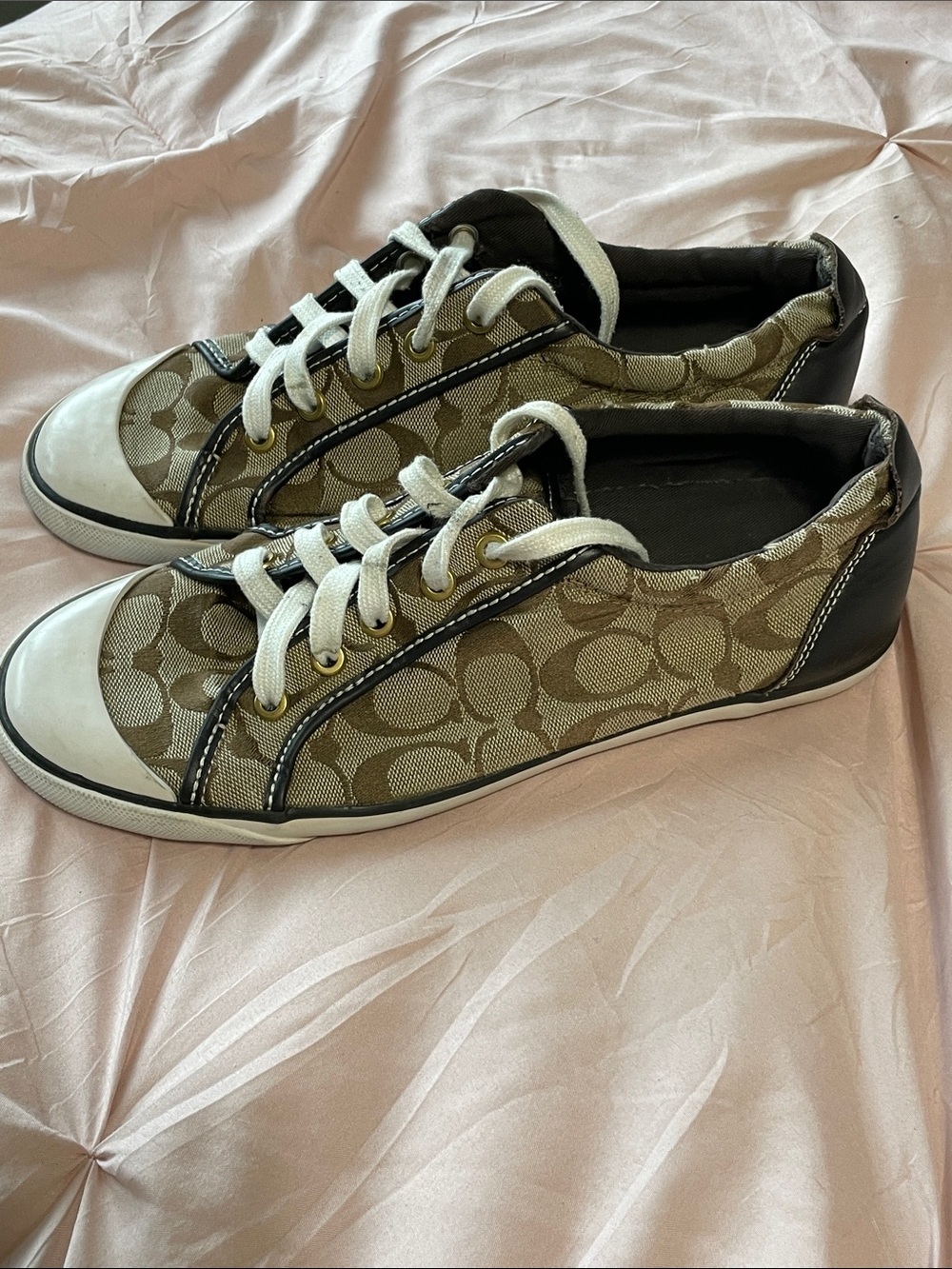 Coach Barrett Khaki Monogram Canvas Sneakers Leather Black Trim Size 10.
